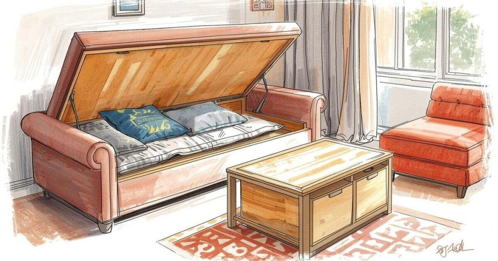 Multifunctional furniture for a small living room of 10 m2: sofa bed with chest of drawers, coffee table with drawers and storage pouf.