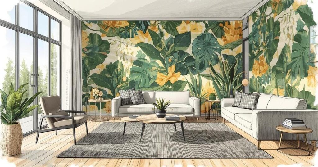 Illustration of a modern living room decorated with light wooden floor and Seguret Decor panoramic wallpaper