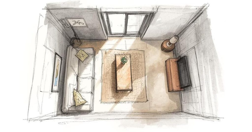 Floor plan of a small rectangular living room of 10 m2 with smooth circulation and well-placed furniture.